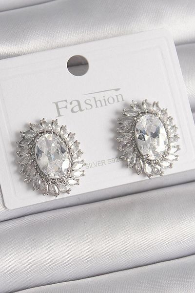 REBORN DESIGN Brass Silver Color Zircon Stone Button Model Women's Earrings