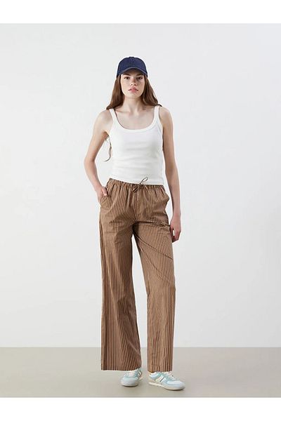LC Waikiki Xside Brown Elastic Waist Striped Wide Leg Women's Trousers