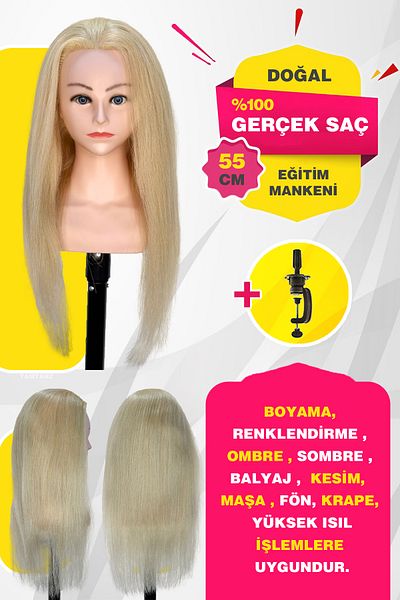 TAM TARZ 100% Real Hair Shoulder Hairdresser Training Mannequin + Table Apparatus / Platinum / 55 cm