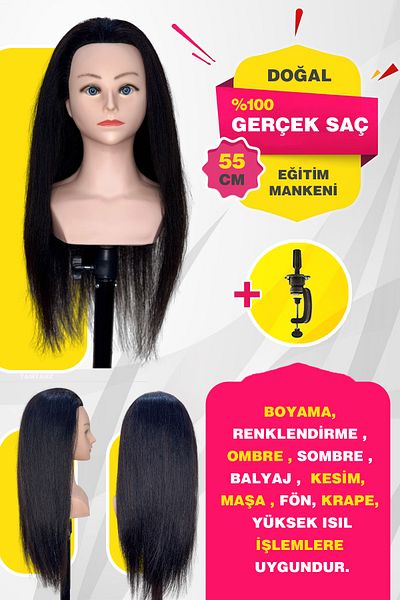 TAM TARZ 100% Real Hair Shoulder Hairdresser Training Mannequin + Table Apparatus / Black / 55 cm