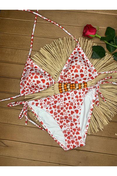 XORVİO Women's Red Heart Pattern Lycra Flexible Side and Neck Tie Stylish Drawstring Triangle Bikini Suit