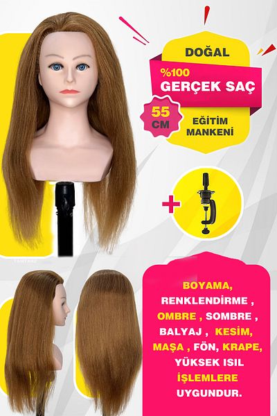 TAM TARZ 100% Real Hair Shoulder Hairdresser Training Mannequin + Table Apparatus / Caramel / 55 cm