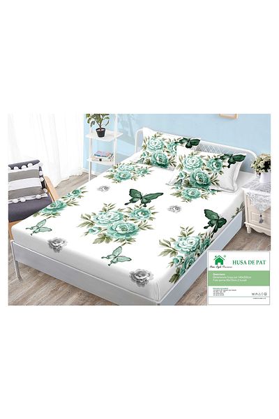 FIONNA.RO Duvet Cover with Elastic and Pillowcases 140x200cm - Green Roses