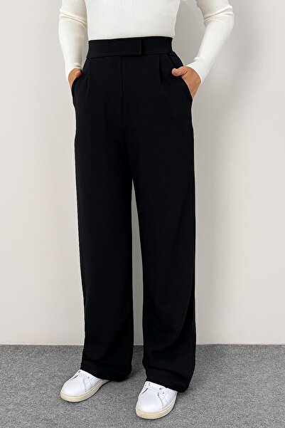 SELZEY Kadın Likralı Cırtlı Palazzo Pantolon Siyah