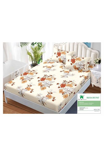 FIONNA.RO Duvet Cover with Elastic and Pillowcases 140x200cm - Beige with Flowers