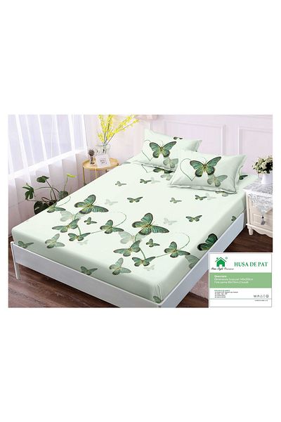 FIONNA.RO Duvet Cover with Elastic and Pillowcases 140x200cm - Green Butterflies
