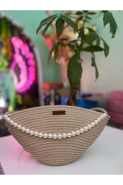 Tresshandicraft Pearl Detailed Mussel Bag-Handmade Bag (Straw Color)