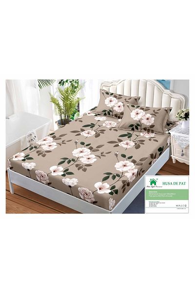 FIONNA.RO Duvet Cover with Elastic and Pillowcases 140x200cm - Beige Apple Blossoms