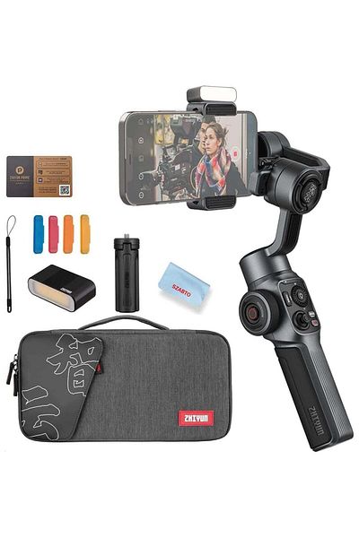 ZHIYUN مثبت جيمبال سلس مكون من 5 محاور، جيمبال محمول للهواتف الذكية مزود بحامل ثلاثي القوائم مع إضاءة LED لفيديو التدوين