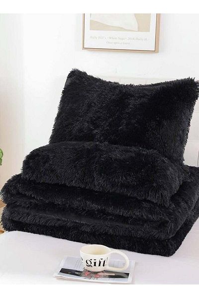 Comfy SOFT & FLUFFY FAUX FUR 6 PC COMFORTER SET KING SIZE BLACK