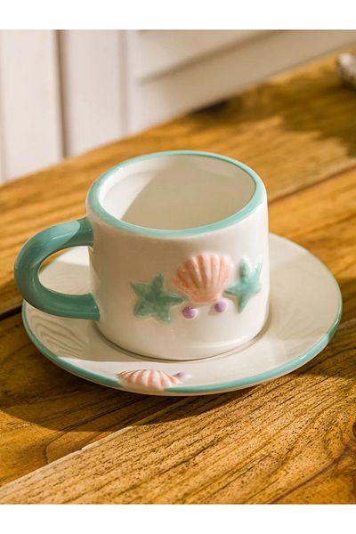 LC Waikiki Lcw Home Mixed Seashell Printed Ceramic Coffee Cup Set for 2 People 100 ml