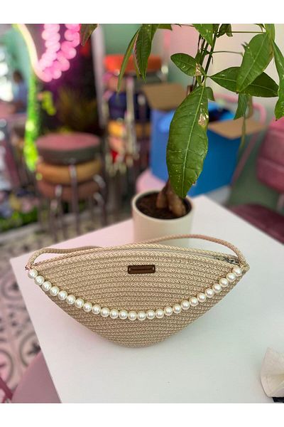 Tresshandicraft Pearl Detailed Mussel Bag-Handmade Bag (Straw Color)