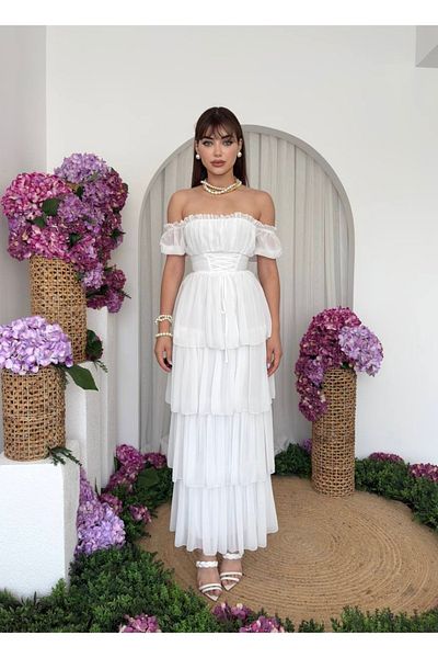 Afiş Butik White Chiffon Layered Dress with Tie Detail