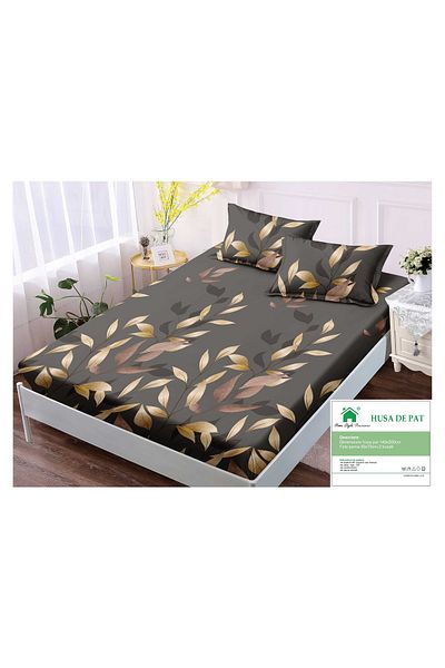 FIONNA.RO Duvet Cover with Elastic and Pillowcases 140x200cm - Dark Grey with Leaves