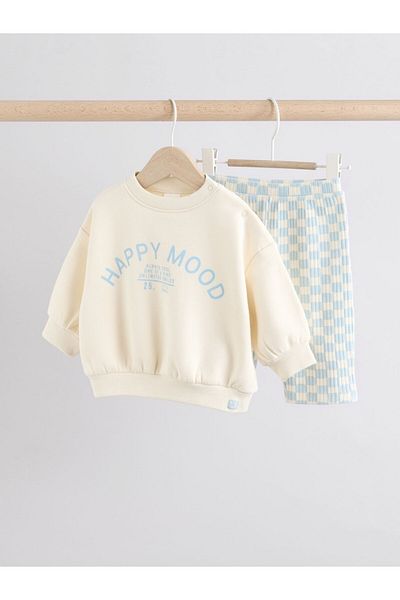Next Baby Cotton White Blue Printed Long Sleeve Top and Bottom Set