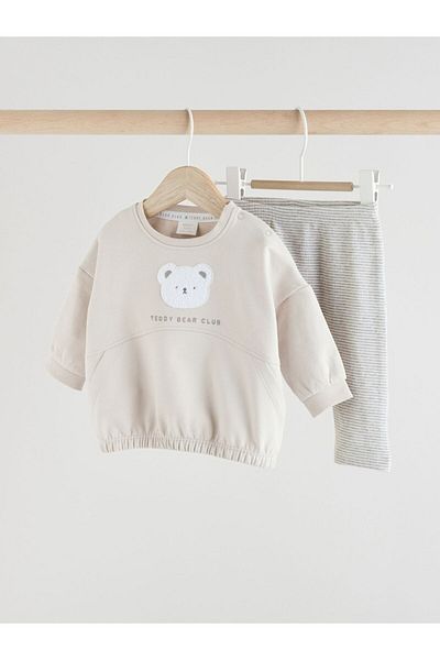 Next Baby Cotton Gray Bear Patterned Long Sleeve Top and Bottom Set