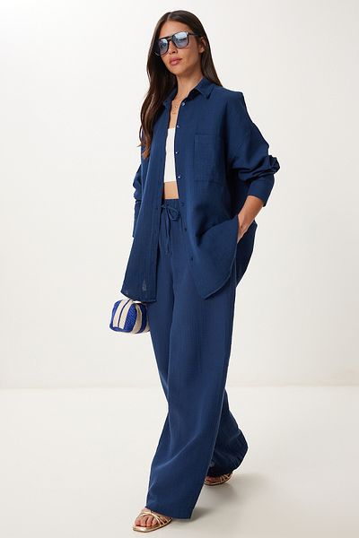 Lovelyİstanbul Oversize Muslin Shirt Trousers Set Lsa0014 Dark Blue