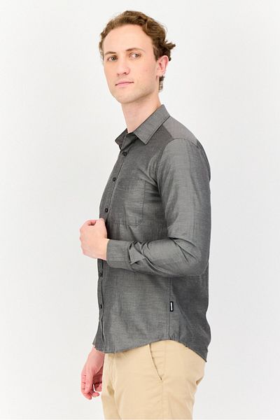 Kenneth Cole Men Slim Fit Long Sleeve Embroidered Logo Casual Shirt, Charcoal