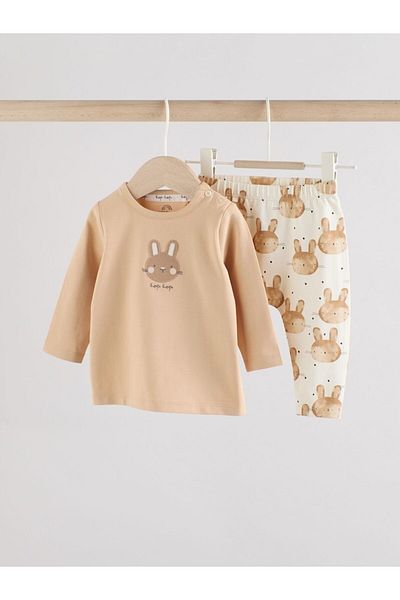 Next Baby Cotton Cream Rabbit Patterned Long Sleeve Top and Bottom Set