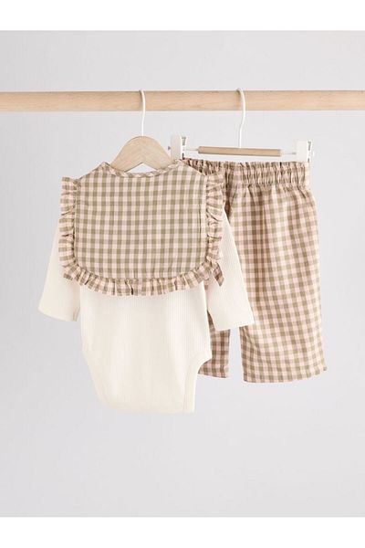 Next Baby Cotton Green Gingham Long Sleeve Vest Bottom Top 3-Piece Suit