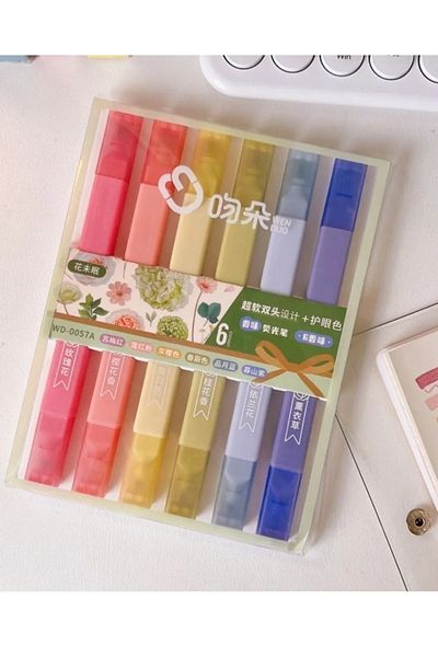 Kawai Wenduo Double-Ended Flower Scented Set of 6 Pastel Highlighters Double-Sided