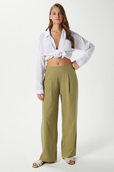 Ritnice Women's Lana Linen Cotton Khaki Palazzo Trousers