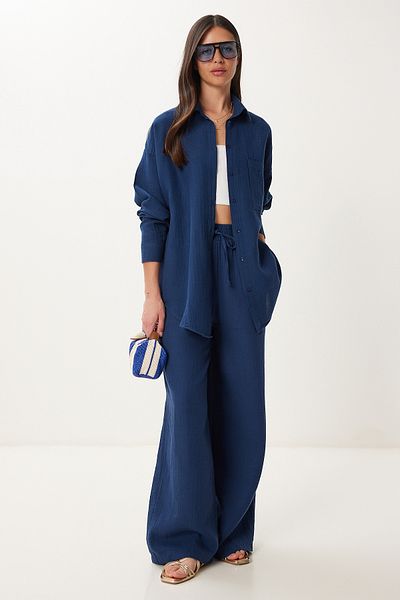 Lovelyİstanbul Oversize Muslin Shirt Trousers Set Lsa0014 Dark Blue