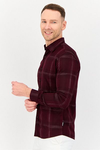 Kenneth Cole Men Slim Fit Plaid Long Sleeves Casual Shirt, Burgundy