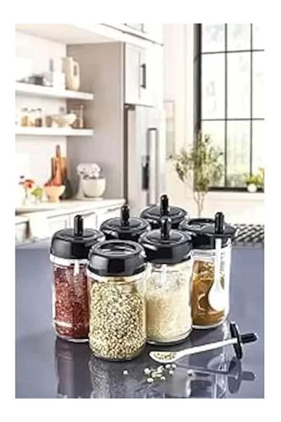STOREMAX 6 Piece Spice Jar Set with Lid and Spoon 300 ml Glass Spice Set