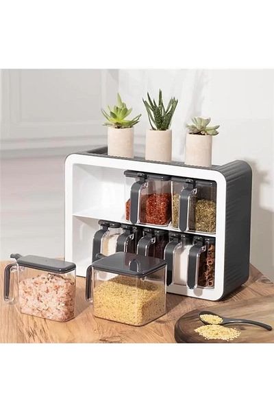 STOREMAX 0439 9 Piece Stand Self-Adhesive Spice Rack Set with Spoon and Lid - Anthracite White