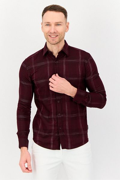Kenneth Cole Men Slim Fit Plaid Long Sleeves Casual Shirt, Burgundy