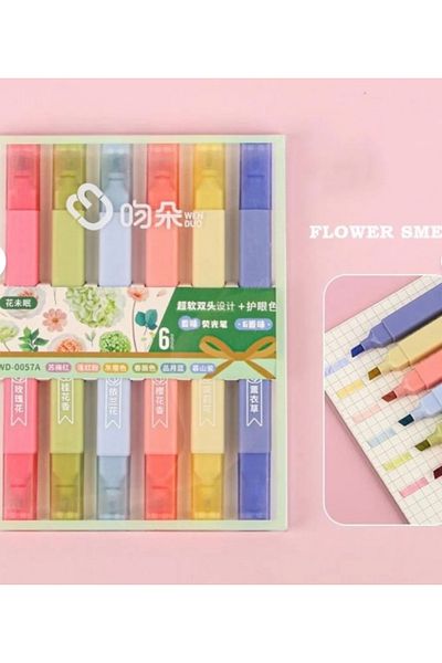 Kawai Wenduo Double-Ended Flower Scented Set of 6 Pastel Highlighters Double-Sided