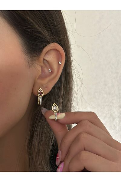 MyladyAccessoriess Zircon Stone and Drop Detail Hoop Earrings (Steel) Red