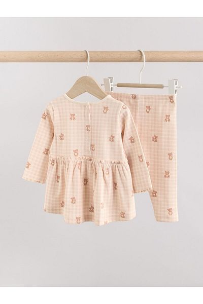 Next Baby Pink Gingham Bear Printed Long Sleeve Top and Bottom Set