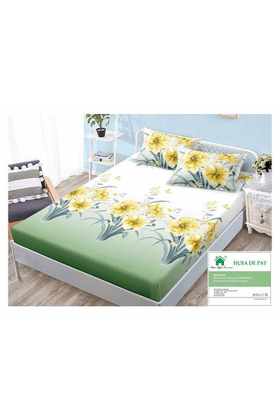 FIONNA.RO Duvet Cover with Elastic and Pillowcases 160x200cm - Yellow Flowers