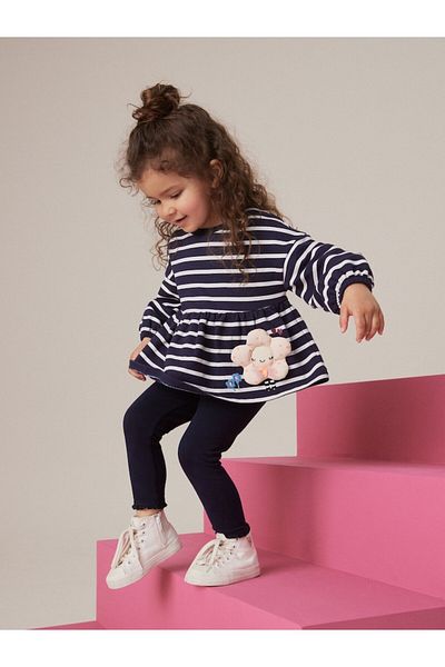 Next Baby Cotton Navy Blue Striped Floral Print Long Sleeve Bottom Top Set