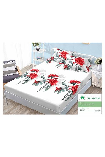 FIONNA.RO Duvet Cover with Elastic and Pillowcases 160x200cm - Red Flowers