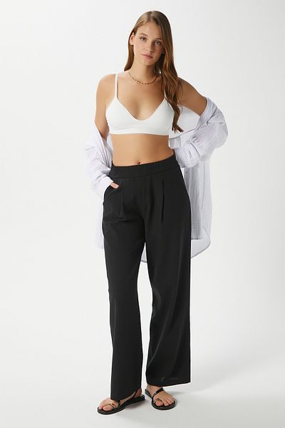 Ritnice Women's Lana Linen Cotton Black Palazzo Trousers