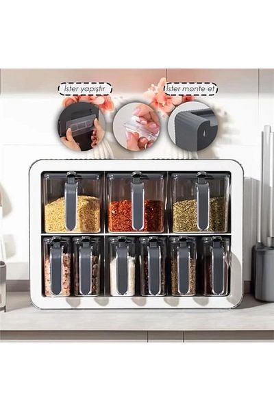 STOREMAX 0439 9 Piece Stand Self-Adhesive Spice Rack Set with Spoon and Lid - Anthracite White