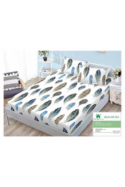 FIONNA.RO Duvet Cover With Elastic And Pillowcases 160x200cm - Blue Feathers