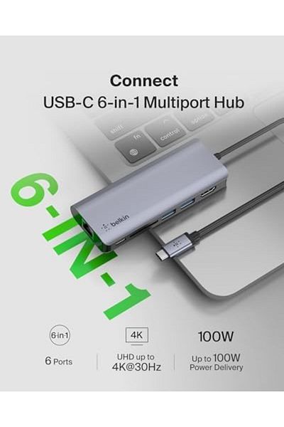 Belkin موزع USB C، قاعدة محول متعدد المنافذ 6 في 1 مع HDMI 4K، شحن USB-C 100 وات PD Pass-Through،