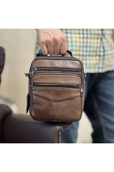 Micutz Genuine Leather Handbag Black/Brown, Hand Strap, Removable Straps, 19x23x7cm, Brown