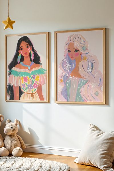 HİGUERA Set de 2 picturi în ulei cu tematică prințesă Feel Girl Camera pentru copii Pictură murală cu cadru din lemn