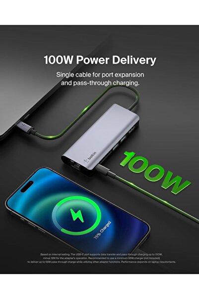 Belkin USB C Hub, 6-in-1 MultiPort Adapter Dock with 4K HDMI, USB-C 100 W PD Pass-Through Charging,