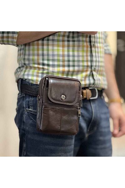 Micutz Men's Shoulder Bag with Strap, Genuine Leather, Black and Brown, 14x19x5 cm, Dark Brown