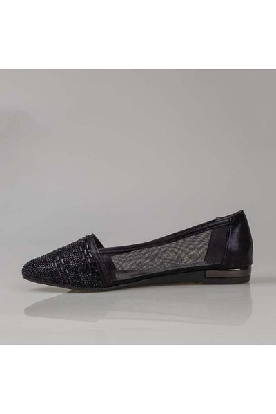 Trend Adımlar Black Line Stone Embroidered Women's Ballerinas