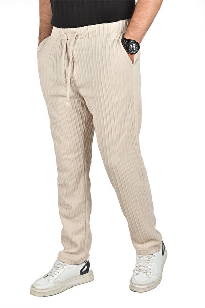 DeepSEA Men's Beige Relaxed Fit Knitted Fabric Slim Sports Pants with Elastic Waist 2502216