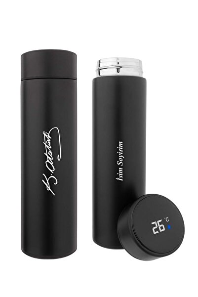 inkglo Kişiye Özel İsimli 304 Paslanmaz Çelik Atatürk İmzalı Siyah Dijital Göstergeli Termos