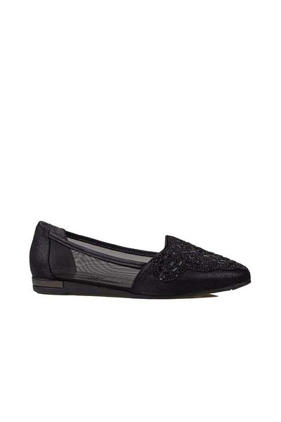 Trend Adımlar Black Vertical Stone Embroidered Women's Ballerinas