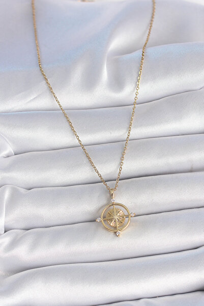 ForWhat قلادة بوصلة بسلسلة من الفولاذ الذهبي مع الزركون للمرأة الأنيقة